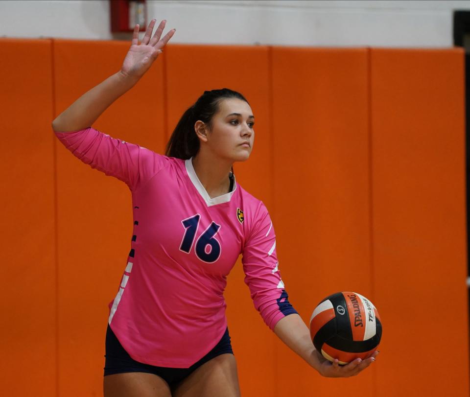 Lourdes' Alex Zangerle (16) serving during their 3-1 win over Marlboro in volleyball action at Marlboro High School on Tuesday, October 11, 2022.