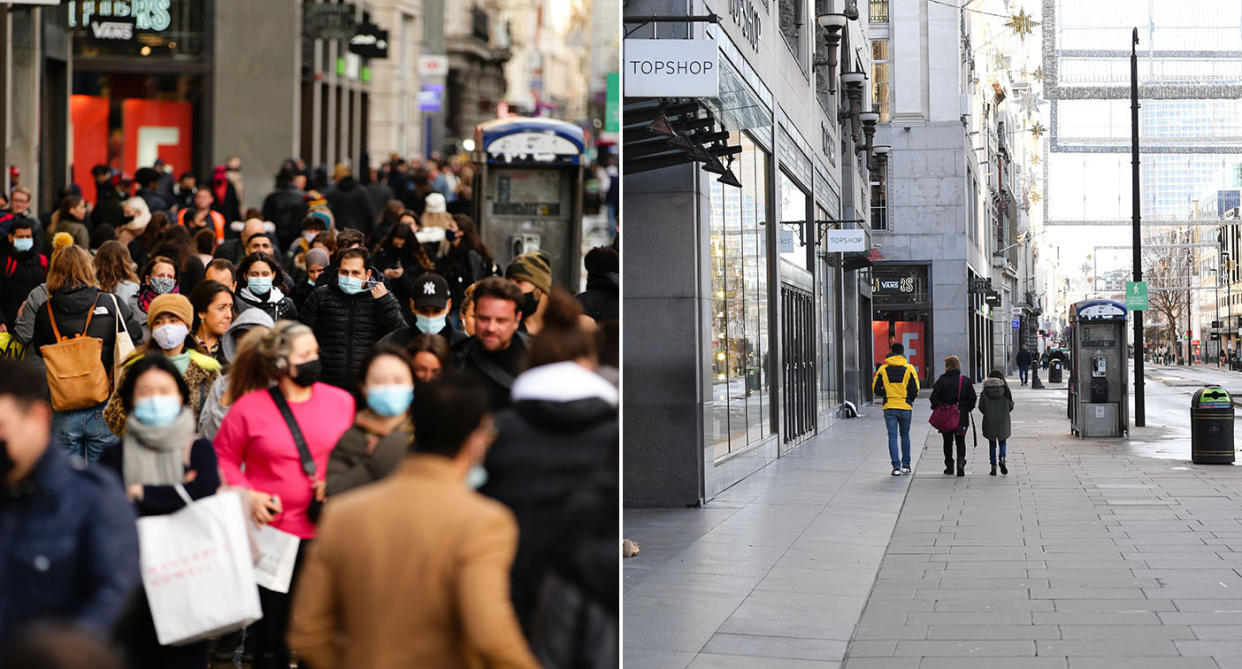 There was a marked contrast between London's Oxford Street on Saturday and Sunday. (PA)