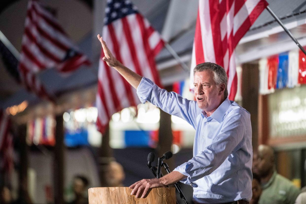 Then-Democratic presidential candidate, New York City Mayor Bill de Blasio addresses a crowd at The Galivants Ferry Stump in South Carolina on September 16, 2019.