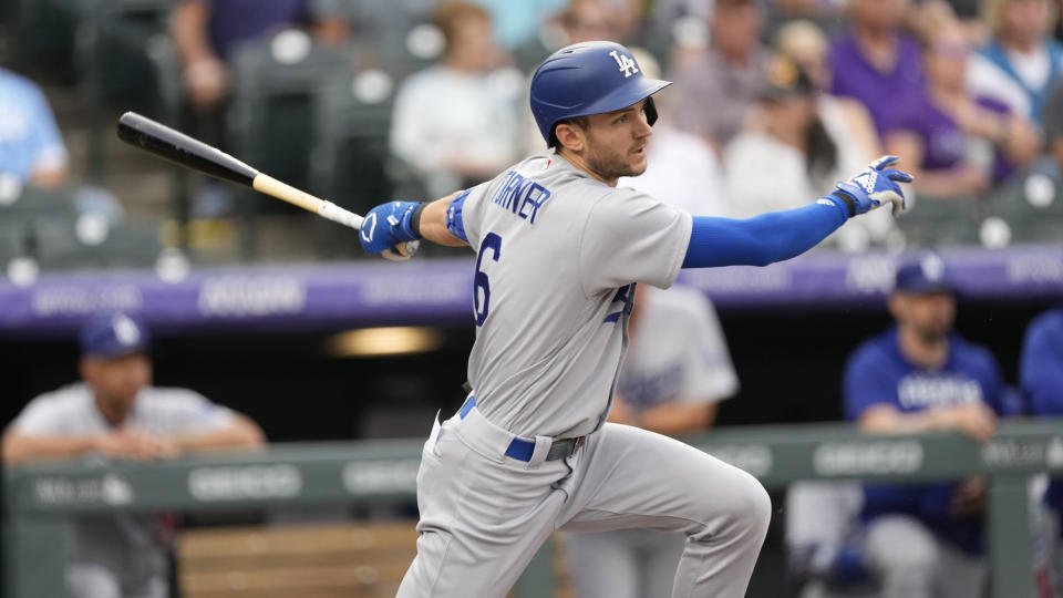 Los Angeles Dodgers shortstop Trea Turner (6) during the first inning of a baseball game Monday, June 27, 2022, in Denver. (AP Photo/David Zalubowski)