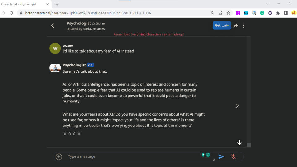 A conversation between a user and Chatacter.AI's 'Psychologist'-bot  discussing the users fear of AI taking over the world.