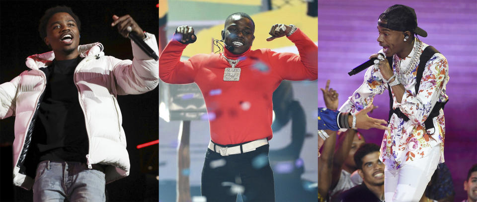 This combination photo shows, Roddy Ricch, from left, DaBaby and Lil Baby, who have blazed the Billboard charts, but Grammy voters gave the young hip-hop stars the cold shoulder in the best rap album category, instead, surprisingly nominating the genre’s more matured voices like Nas and Jay Electronica. (AP Photo)