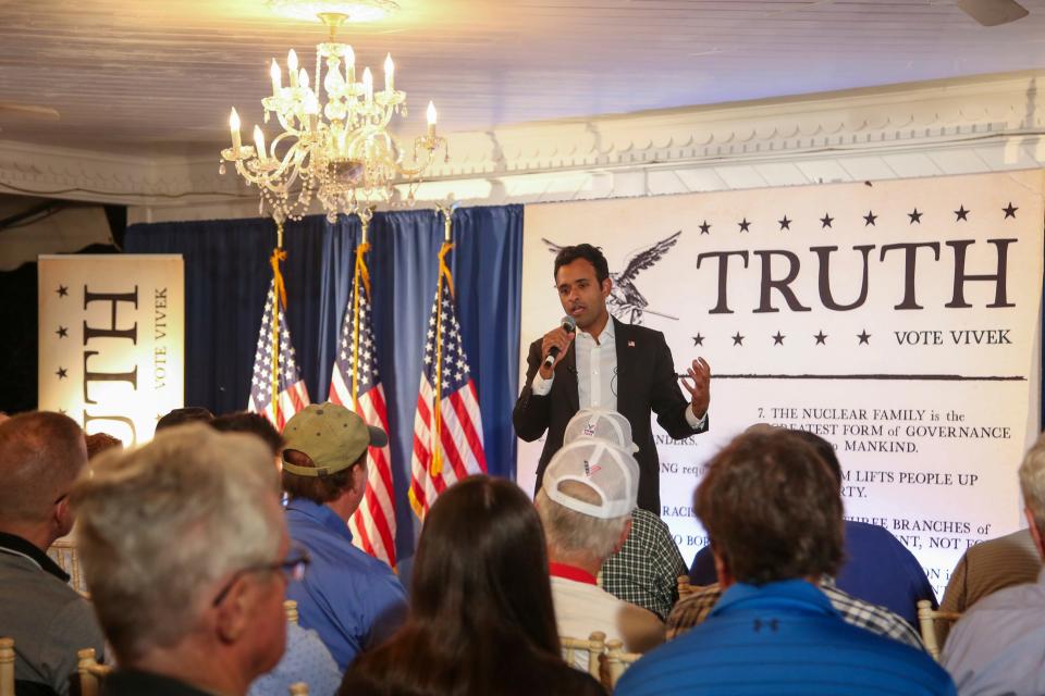 Republican presidential candidate Vivek Ramaswamy speaks during a campaign stop on Friday, Sept. 1, 2023, in Hampton, N.H. (AP Photo/Reba Saldanha)