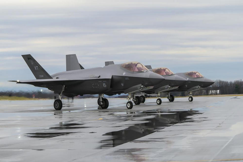 F-35 Lightning II Aircraft assigned to the 158th Fighter Wing, Burlington Air National Guard Base, prepare for takeoff, April 13, 2022, in Burlington, Vt. The first overseas deployment of the Vermont Air National Guard's F-35 fighter jets will have the pilots and their aircraft patrolling the skies of Europe during one of the most tense periods in recent history. More than 200 Vermont air guard personnel, their equipment and eight F-35s are now in Europe. (Staff Sgt. Cameron Lewis/U.S. Air National Guard via AP)