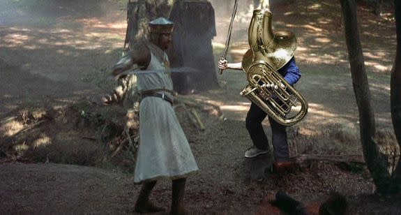 "'Tis but a scratch! Actually could you please not scratch my tuba? They're pretty expensive is all..."