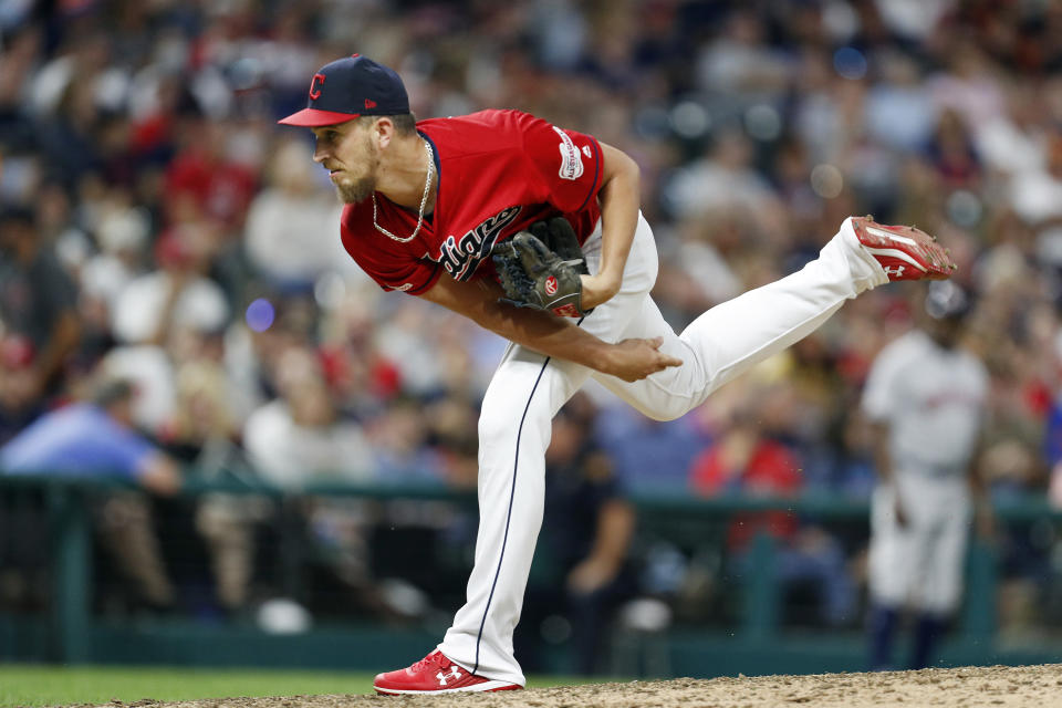 CLEVELAND, OH - AUGUST 01: A.J. Cole #34 of the Cleveland Indians pitches against the Houston Astros in the seventh inning at Progressive Field on August 1, 2019 in Cleveland, Ohio. The Astros defeated the Indians 7-1.  (Photo by David Maxwell/Getty Images)