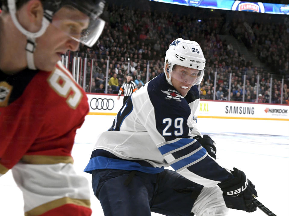 Patrik Laine of Winnipeg Jets during the NHL Global Series Challenge ice hockey match Florida Panthers vs. Winnipeg Jets in Helsinki, Finland on Thursday, November 1, 2018. (Martti Kainulainen/Lehtikuva via AP)