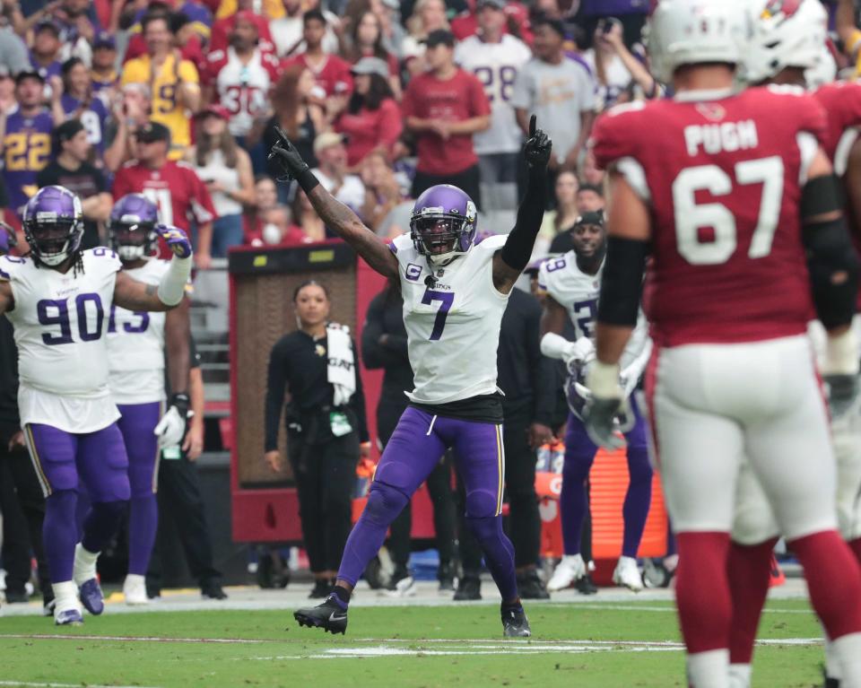 Minnesota Vikings cornerback Patrick Peterson (7) celebrates after a play against the Arizona Cardinals during the second quarter in Glendale, Ariz. Sept. 19, 2021.