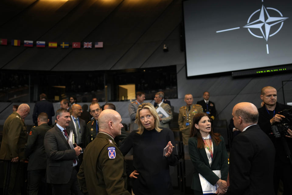 Netherland's Defense Minister Kajsa Ollongren, center right, speaks with Supreme Allied Commander Europe, U.S. General Christopher Cavoli during a meeting of the North Atlantic Council in NATO defense ministers format at NATO headquarters in Brussels, Friday, June 14, 2024. (AP Photo/Virginia Mayo)