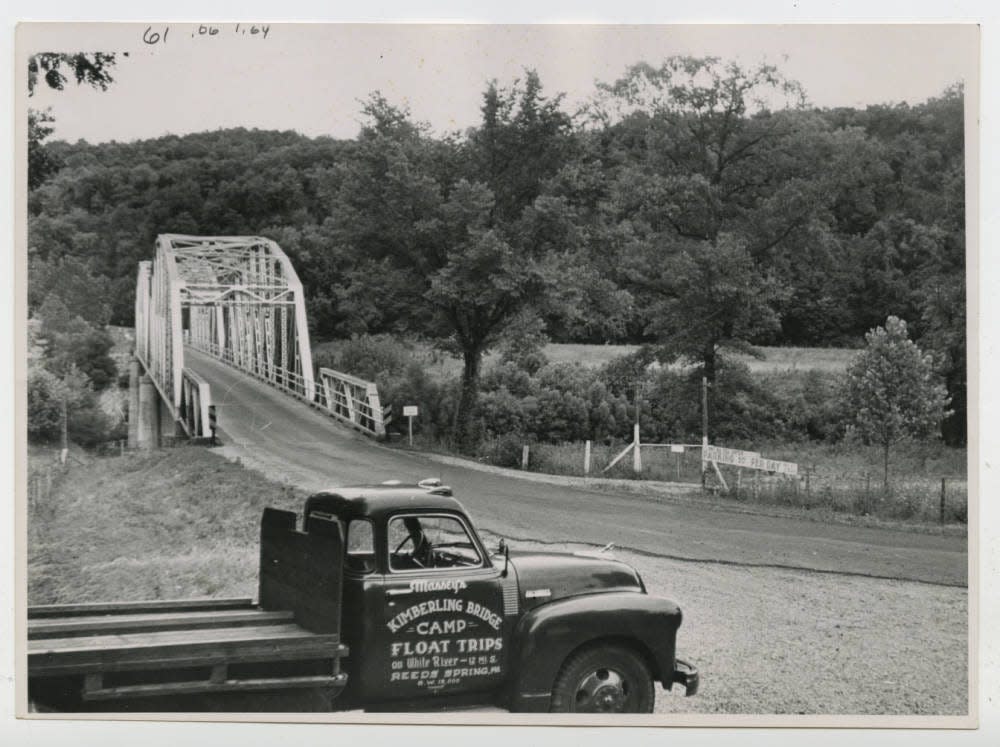 The previous Kimberling City Bridge on Highway 13 in Stone County. After the construction of the Table Rock Dam this bridge was flooded. Published in the News & Leader on July 20, 1952.