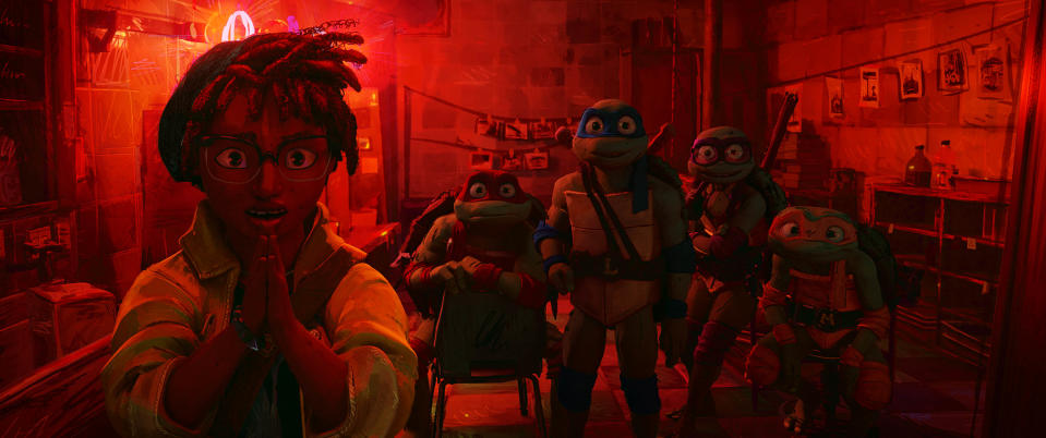 L-R: April O'Neil, Raphael, Leonardo, Donatello, Michelangelo In Teenage Mutant Ninja Turtles: Mutant Mayhem. (Paramount)