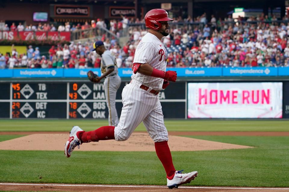 Philadelphia Phillies' Kyle Schwarber rounds the bases after hitting a home run against Milwaukee Brewers pitcher Julio Teheran during the first inning Tuesday, July 18, 2023, in Philadelphia.