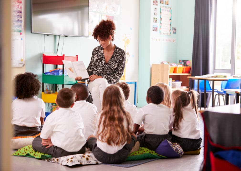 A teacher reads to a group of elementary age school children.