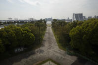 This photo shows part of the Shiokaze Park, planned to be used for the postponed Tokyo 2020 Olympic Games, in Tokyo Thursday, April 8, 2021. Many preparations are still up in the air as organizers try to figure out how to hold the postponed games in the middle of a pandemic. (AP Photo/Hiro Komae)