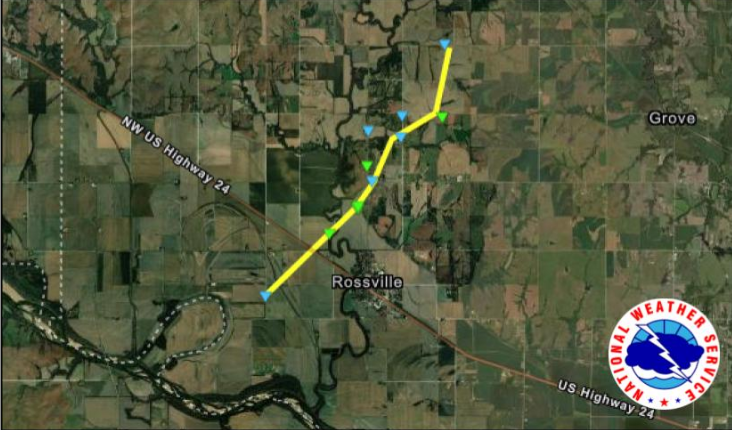 This map, showing the path of a tornado that passed Wednesday evening near Rossville in northwest Shawnee County, was posted Thursday evening on the website of the National Weather Service's Topeka office.