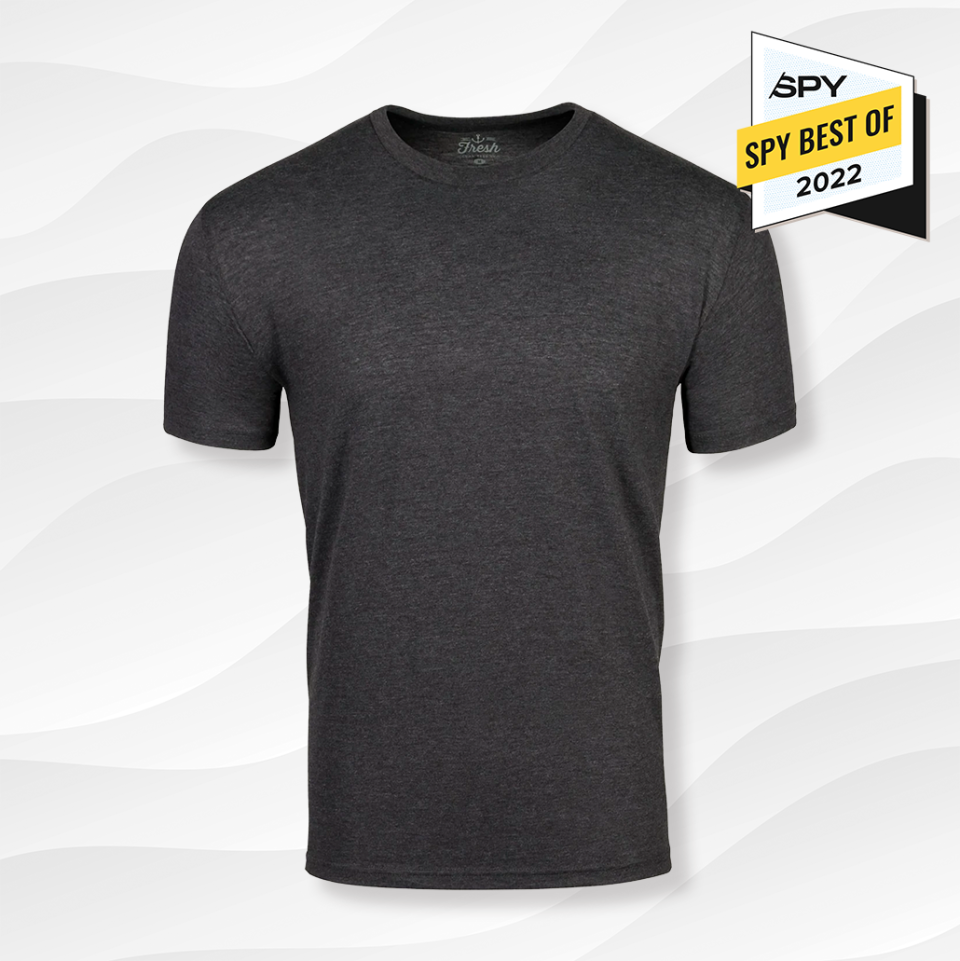 charcoal grey fresh clean threads t shirt against a white wavy background