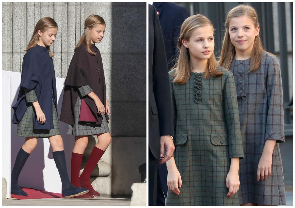 <p>Con vestidos de cuadros en color gris prácticamente idénticos, peinadas casi igual y con capa, medias y zapatos azules Leonor y mismos complementos en tono burdeos para Sofía. Así acudieron las hijas de los reyes al Congreso para el acto conmemoración del 40 aniversario de la Constitución. Su look ha sido muy comentado. (Foto: Gtres). </p>