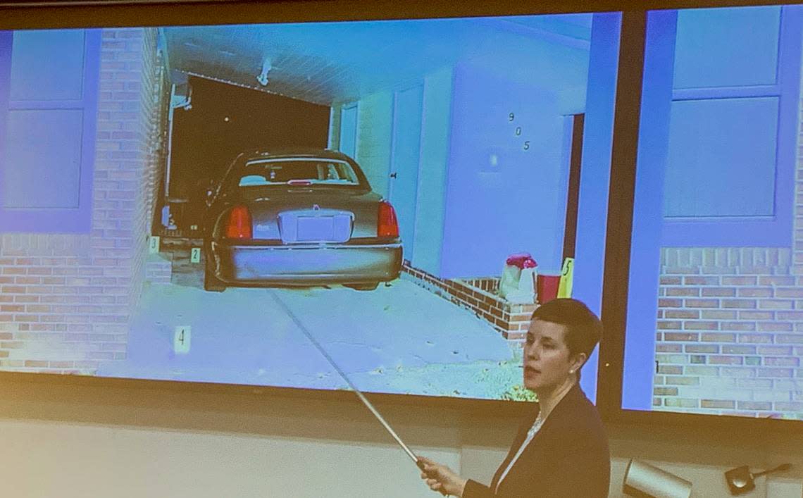 Julia Bridenstine, the NC Innocence Inquiry Commission staff attorney and evidence custodian, points to where Nathaniel Jones was found dead in 2002. The commission in 2020 heard an appeal for innocence for five teenagers convicted of beating, robbing and leaving Jones bound on the ground, where he died of a heart attack.