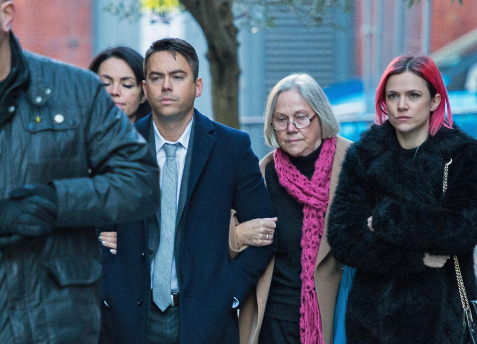 Coronation Street actor Bruno Langley arrives at Manchester Magistrates’ Court with friends and family. (PA)
