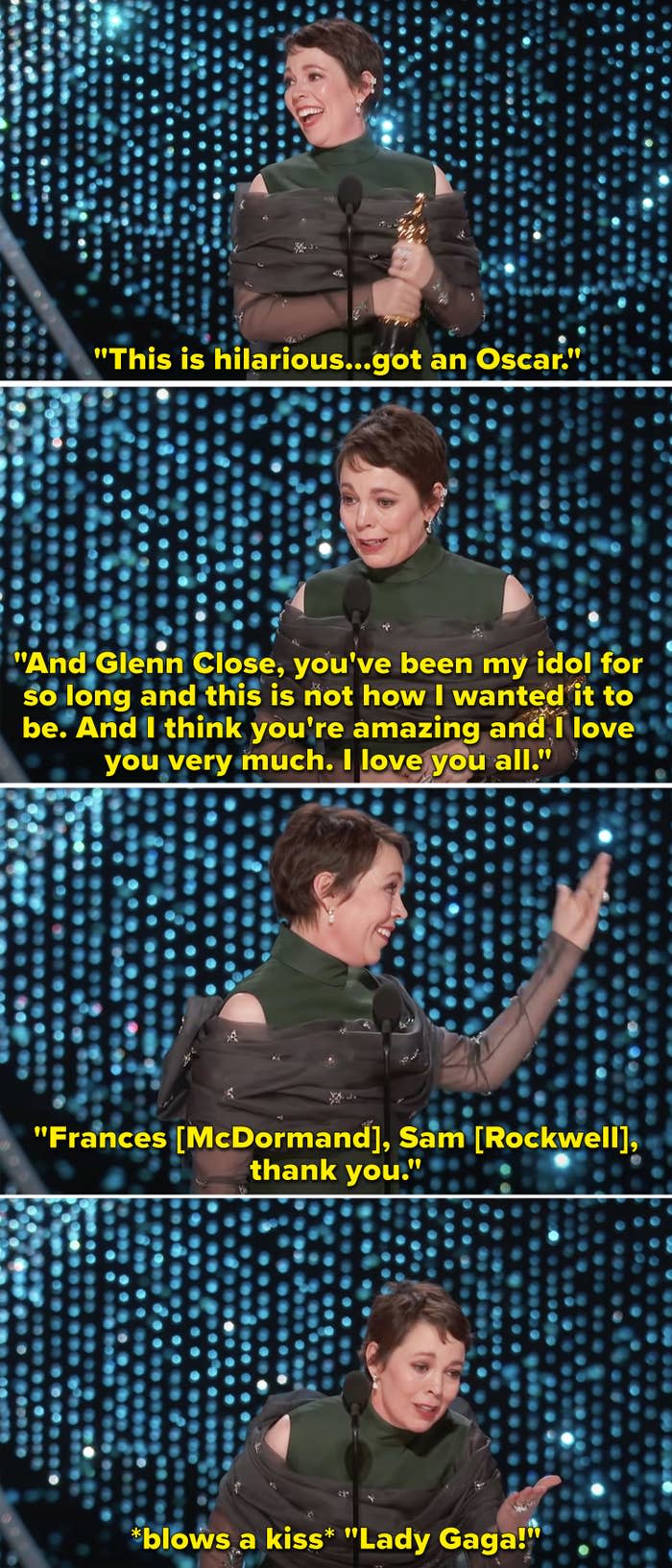 Olivia thanking Glenn Close, Frances McDormand, and blowing a kiss to Lady Gaga