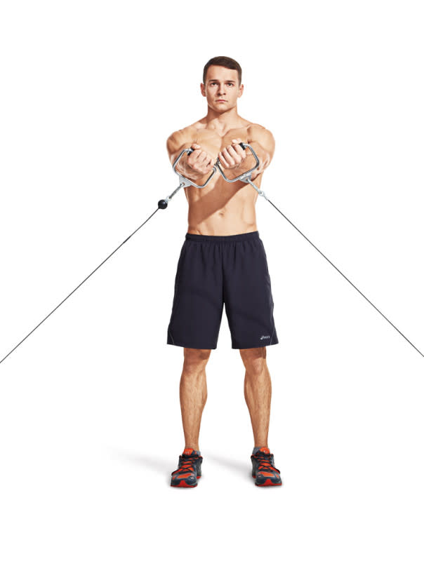 How to do it:<ol><li>Stand between two facing cable stations and attach a D-handle to the low pulleys on each.</li><li>With a handle in each hand and elbows slightly bent, raise your arms from waist height to out in front of your chest, flexing your pecs as you bring them together.</li></ol>