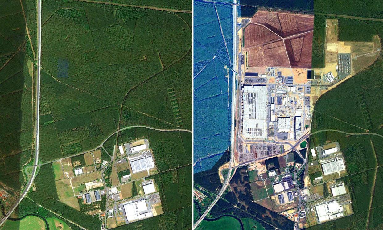 <span>The site of Tesla plant in Germany in 2019 (left) and 2023.</span><span>Photograph: Google Earth</span>