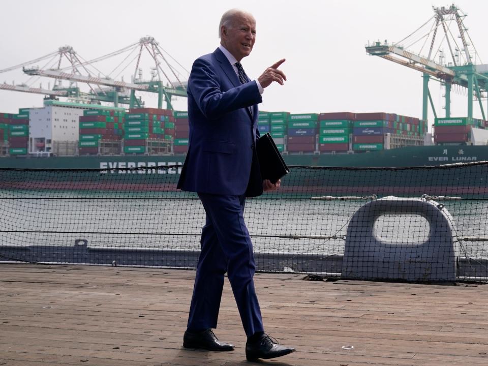 President Joe Biden walks across the deck of the USS Iowa battleship after speaking about inflation and supply chain issues at the Port of Los Angeles, Friday, June 10, 2022, in Los Angeles.