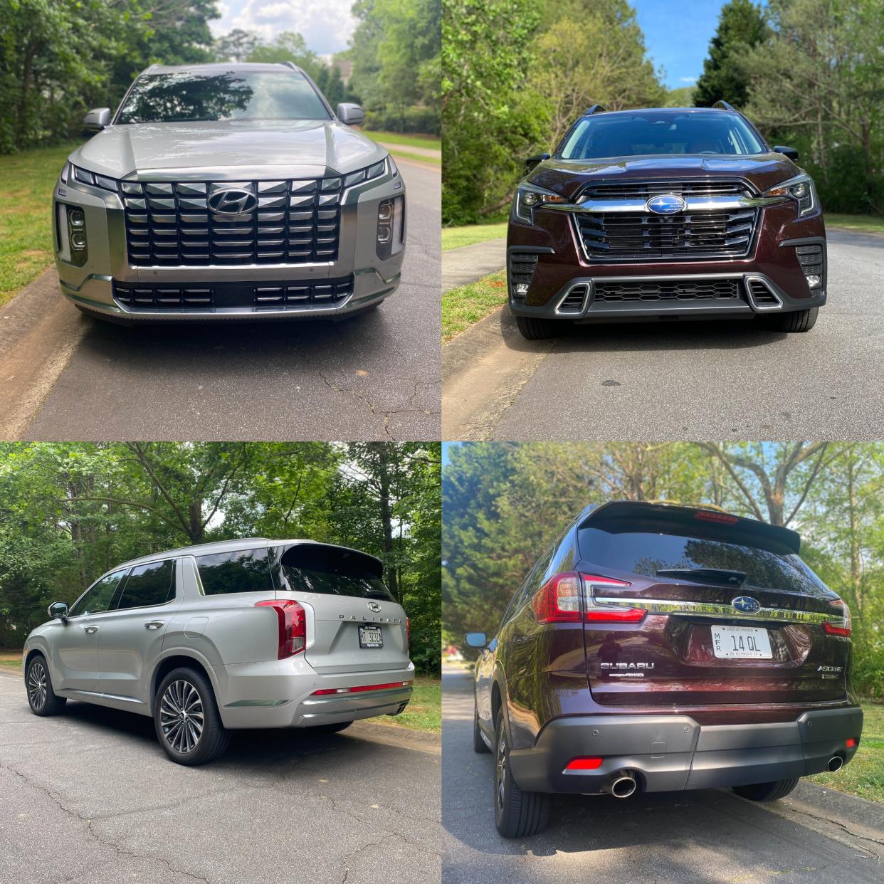 Four photos showing the front grille and rear end of a silver Hyundai Palisade Calligraphy and a maroon Subaru Ascent Touring.