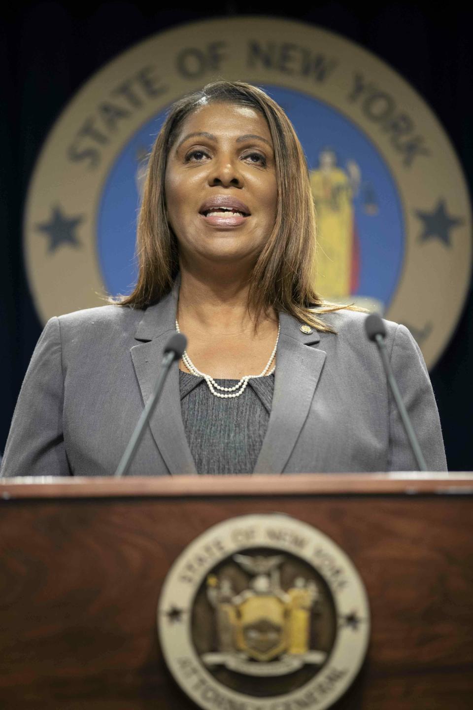 New York Attorney General Letitia James speaks during a news conference, Tuesday, June 11, 2019, in New York. A group of state attorneys general led by New York and California filed a federal lawsuit Tuesday to block T-Mobile's $26.5 billion bid for Sprint, citing consumer harm. (AP Photo/Mary Altaffer)