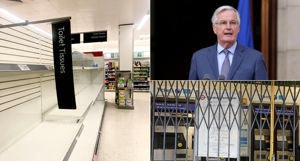 Empty Waitrose toilet roll shelves, Michel Barnier, closed Tube station. (PA Images)