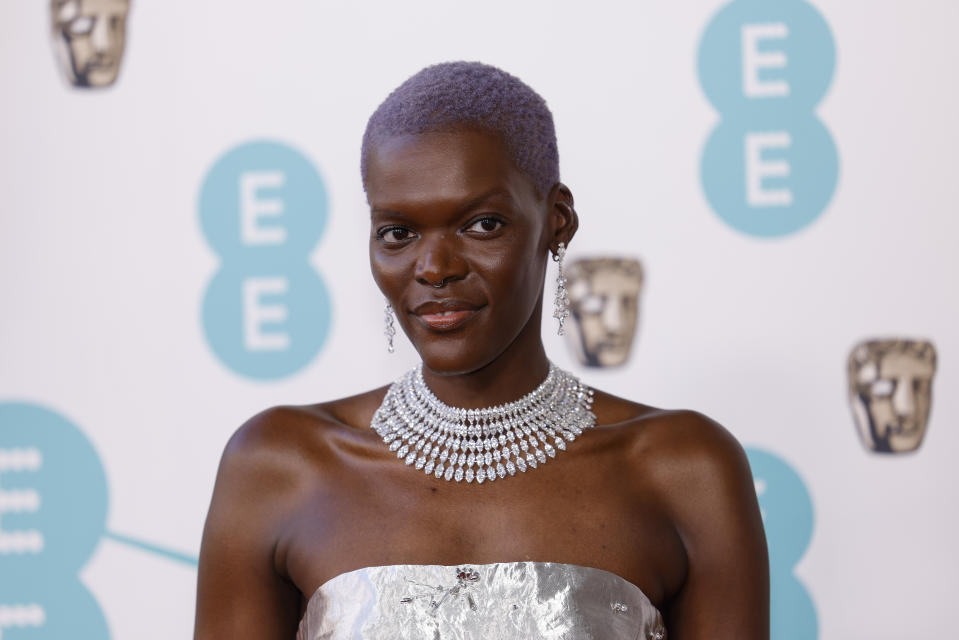 Sheila Atim poses for photographers upon arrival at the 76th British Academy Film Awards, BAFTA's, in London, Sunday, Feb. 19, 2023. (Photo by Vianney Le Caer/Invision/AP)