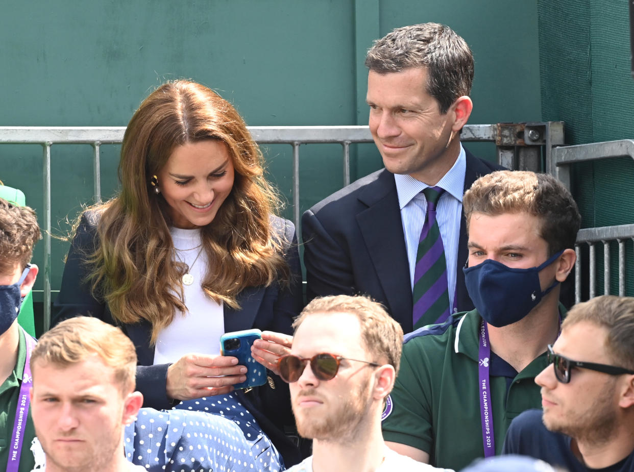 LONDON, ENGLAND - JULY 02: Catherine, Duchess of Cambridge and Tim Henman during the Wimbledon Tennis Championships at the All England Lawn Tennis and Croquet Club on July 02, 2021 in London, England. (Photo by Karwai Tang/WireImage)