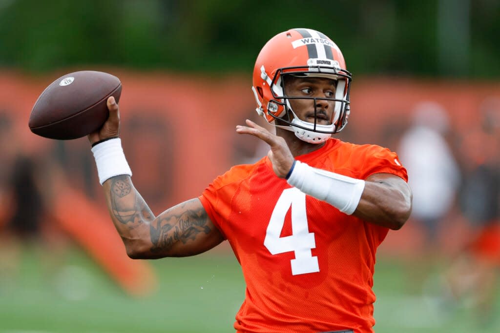 Cleveland Browns quarterback Deshaun Watson takes part in drills at the NFL football team’s practice facility Tuesday, June 14, 2022, in Berea, Ohio. (AP Photo/Ron Schwane)