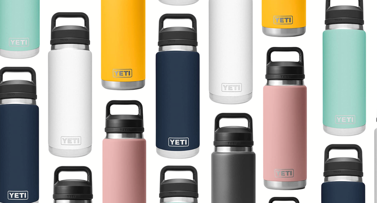 yeti, collage of yellow, navy, teal, white and pink YETI Rambler 26 oz Bottle, Vacuum Insulated, Stainless Steel with Chug Cap from amazon canada