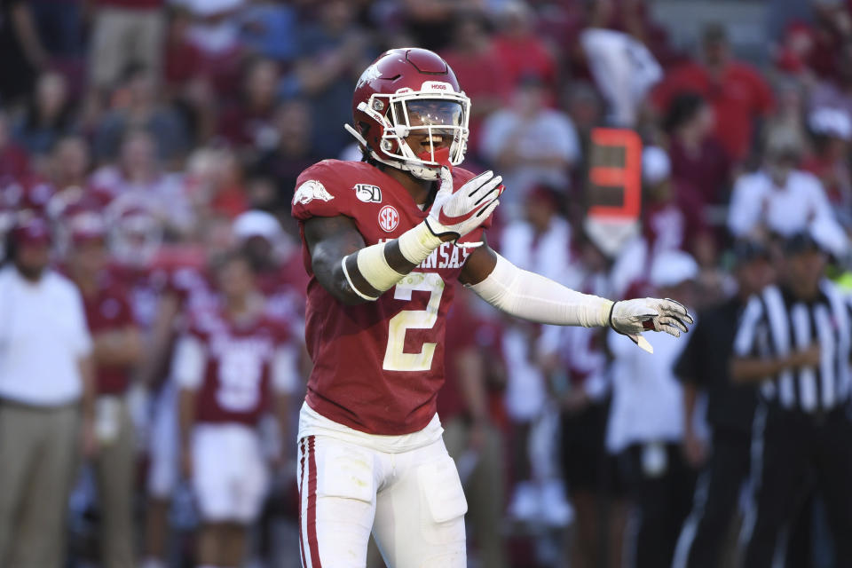 Arkansas defensive back Kamren Curl against Colorado State during an NCAA football game on Saturday, Sept. 14, 2019 in Fayetteville, Ark. (AP Photo/Michael Woods)