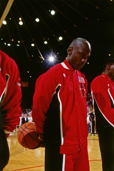 Michael Jordan standing for the National Anthem during the 1991 NBA Finals, as featured in the documentary "The Last Dance."