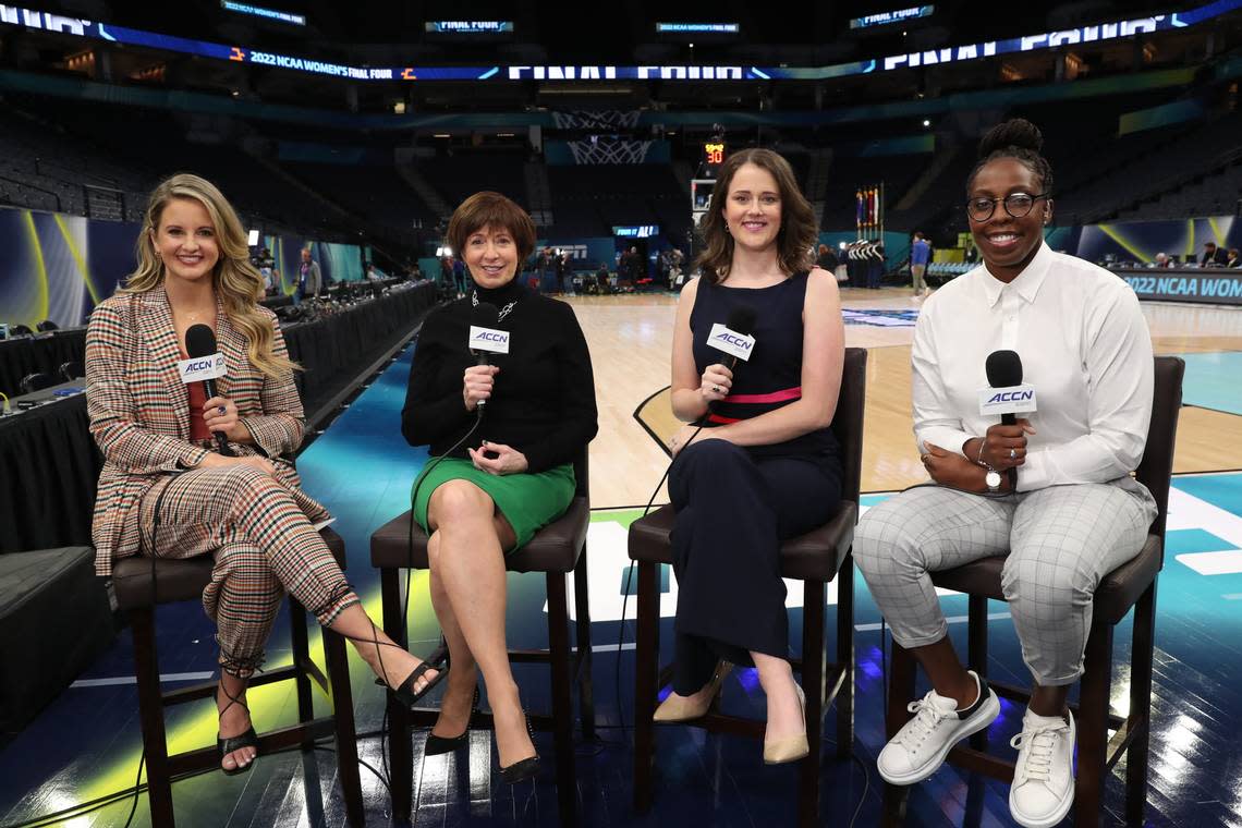 From left, Nothing But Net host Kelsey Riggs with analysts Muffet McGraw, Kelly Gramlich and Chelsea Gray during the 2022 NCAA Women’s Final Four at the Target Center in Minneapolis, Minn., on April 1, 2022.