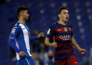 Football Soccer - Barcelona v Espanyol - Spain King's Cup - RCDE stadium, Barcelona - 13/1/16Barcelona's Munir el Haddadi (R) celebrates a goal against Espanyol's Ruben Duarte. REUTERS/Albert Gea