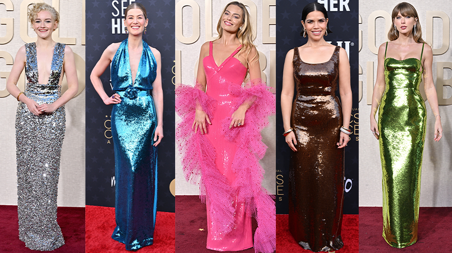 Celebrities wear sequin gowns on the red carpet.