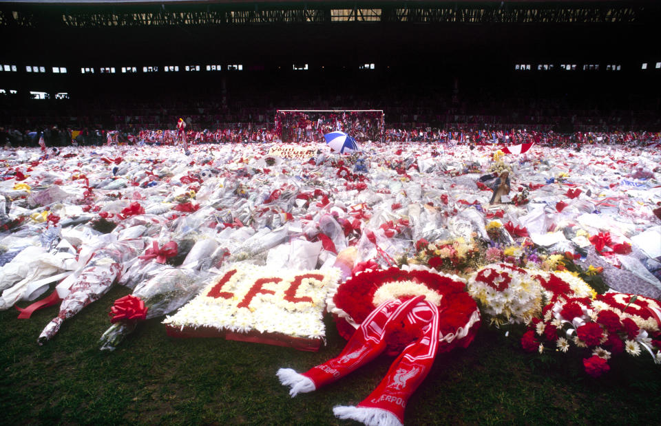 A day or so after the dreadful tragedy, floral tributes Anfield in memory of the 96 people who died at Hillsborough Stadium on 15th April 1989. (Photo by Liverpool FC via Getty Images)