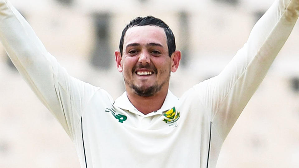 Pictured here, Quinton De Kock celebrates hitting a big Test score for South Africa.