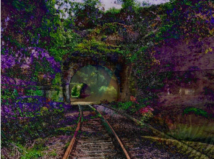 An artistic AI image of a train track entering a leafy tunnel