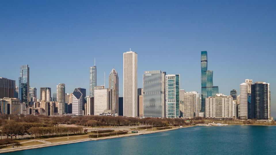 The St. Regis—the undulating aquamarine buildings on the right—is Chicago’s third-tallest building.