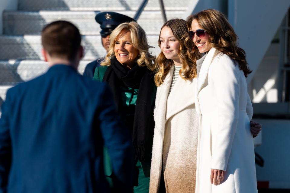 From left, first lady Jill Biden; Emma Kate Cox, daughter of Utah Gov. Spencer Cox; and Abby Cox, wife of Gov. Cox, pose for a photo upon Biden’s arrival in Salt Lake City on Tuesday, Jan. 16, 2024. | Megan Nielsen, Deseret News