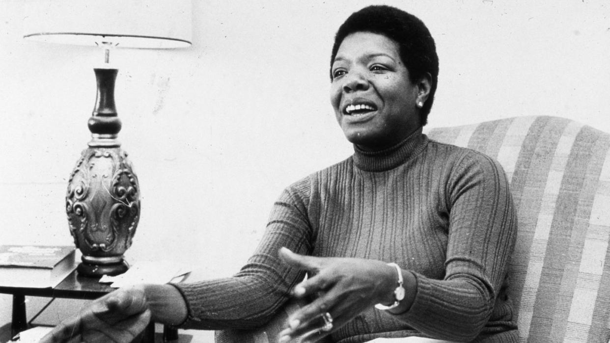 maya angelou gestures while speaking in a chair during an interview at her home in 1978