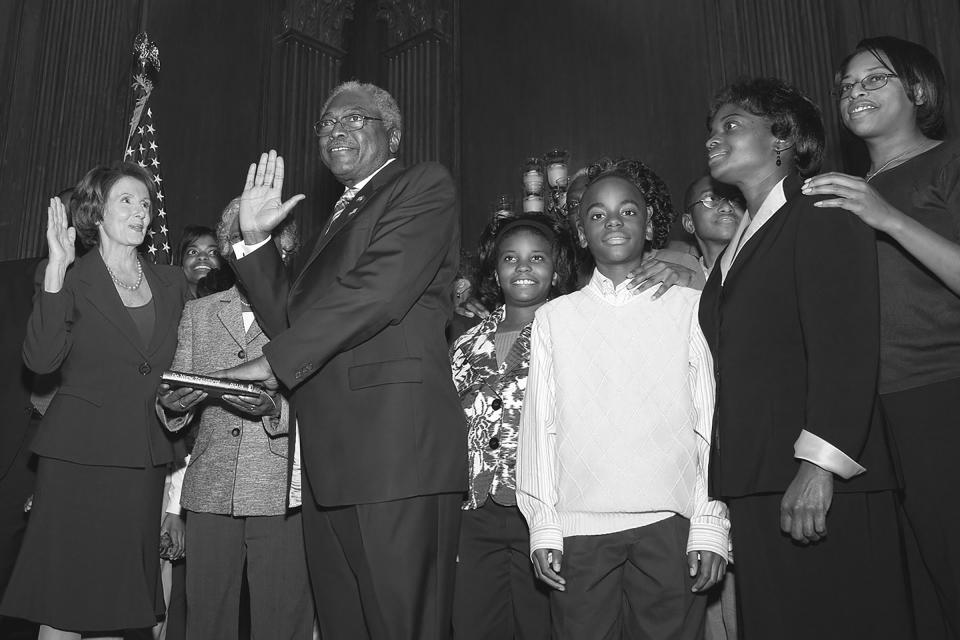 Clyburn, with his family, being sworn in as House majority whip by Speaker Nancy Pelosi in 2007<span class="copyright">Courtesy the Office of Majority Whip James E. Clyburn</span>