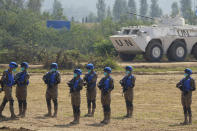 United Nations troops from Pakistan take part in the Shared Destiny 2021 drill at the Queshan Peacekeeping Operation training base in Queshan County in central China's Henan province Wednesday, Sept. 15, 2021. Peacekeeping troops from China, Thailand, Mongolia and Pakistan took part in the 10 days long exercise that field reconnaissance, armed escort, response to terrorist attacks, medical evacuation and epidemic control. (AP Photo/Ng Han Guan)