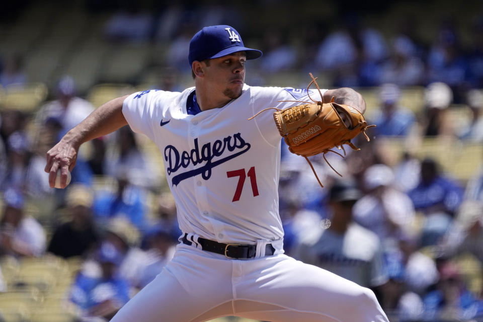Los Angeles Dodgers pitcher Gavin Stone throws to the plate during the first inning of a baseball game against the Miami Marlins Wednesday, May 8, 2024, in Los Angeles. (AP Photo/Mark J. Terrill)
