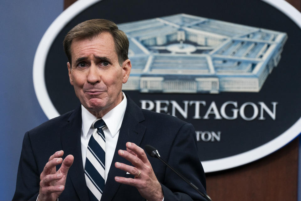 Pentagon spokesman John Kirby speaks about the situation during a briefing at the Pentagon in Washington, Monday, Aug. 23, 2021. (AP Photo/Manuel Balce Ceneta)