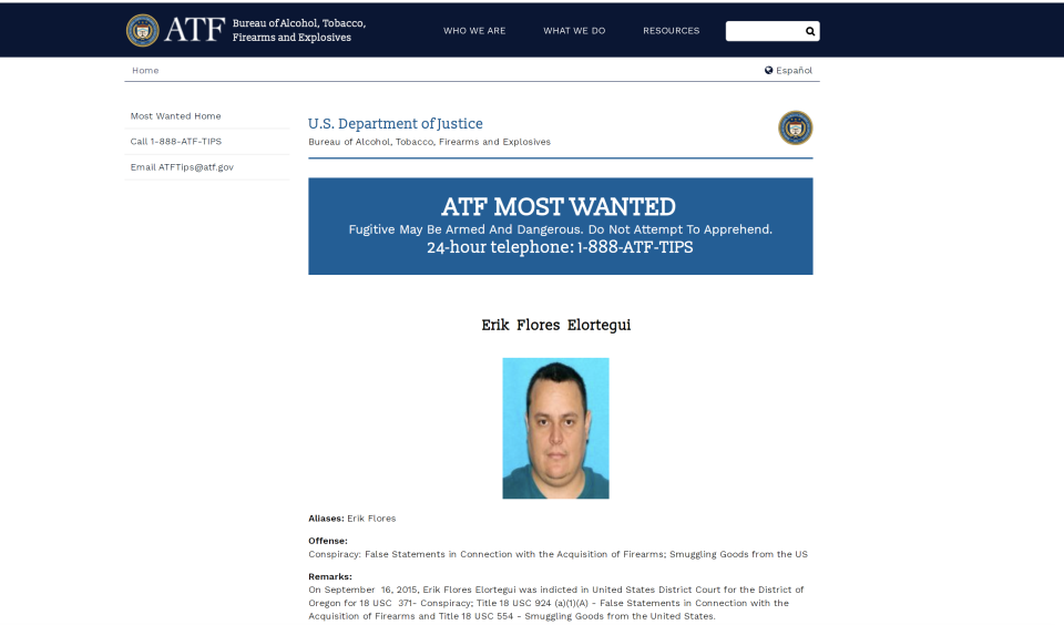 Most Wanted screenshot of ATF website showing Erik Flores Elortegui.